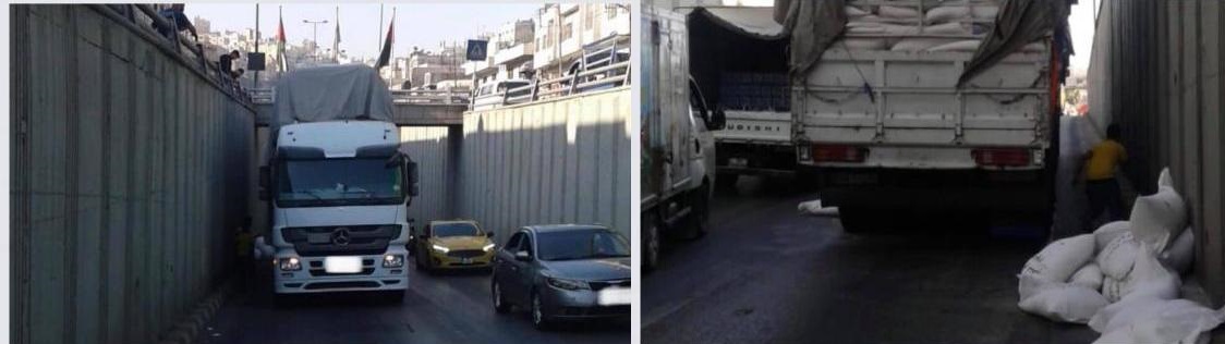 اصطدام شاحنة بجسر النشا وسقوط حمولتها